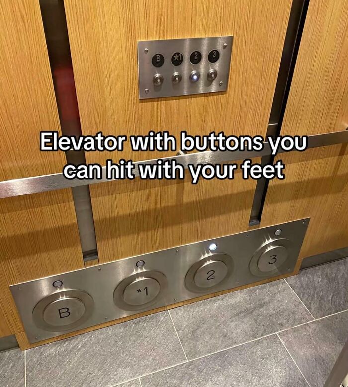 Elevator with foot-operated buttons for accessibility in clever designs