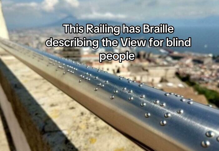 Braille railing design providing view description for blind people