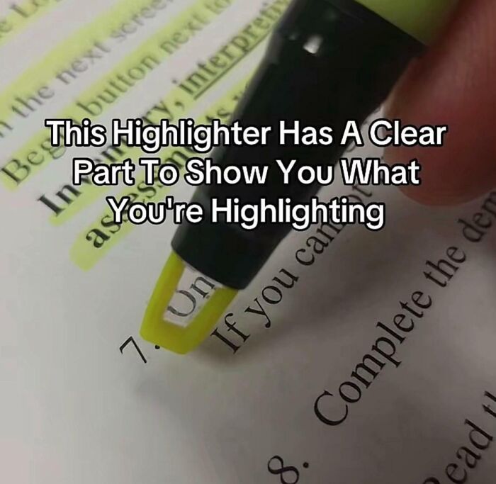 Highlighter with clear tip shows exact text being highlighted on paper