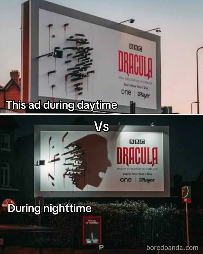 Day and night Dracula ad showing shadow effect on billboard