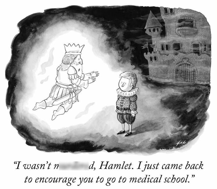 Comic depicting Hamlet talking to a ghost encouraging him to go to medical school, a clever cartoon scene.