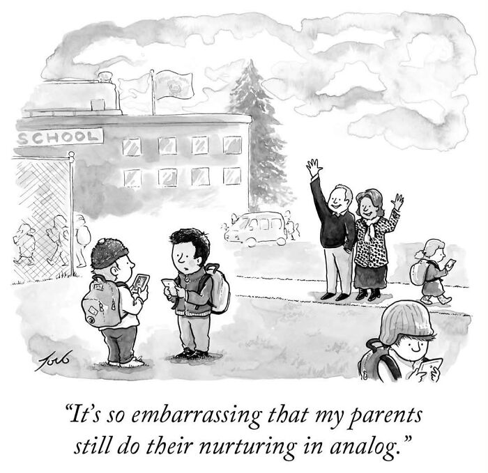 Comic of kids at school embarrassed by parents nurturing in analog outside school building