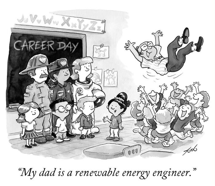 Tom Toro comic depicting happy kids at career day with renewable energy engineer dad