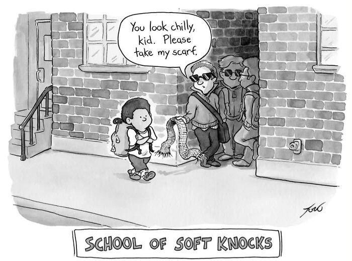 Tom Toro comic showing a kid offered a scarf by streetwise youths captioned school of soft knocks