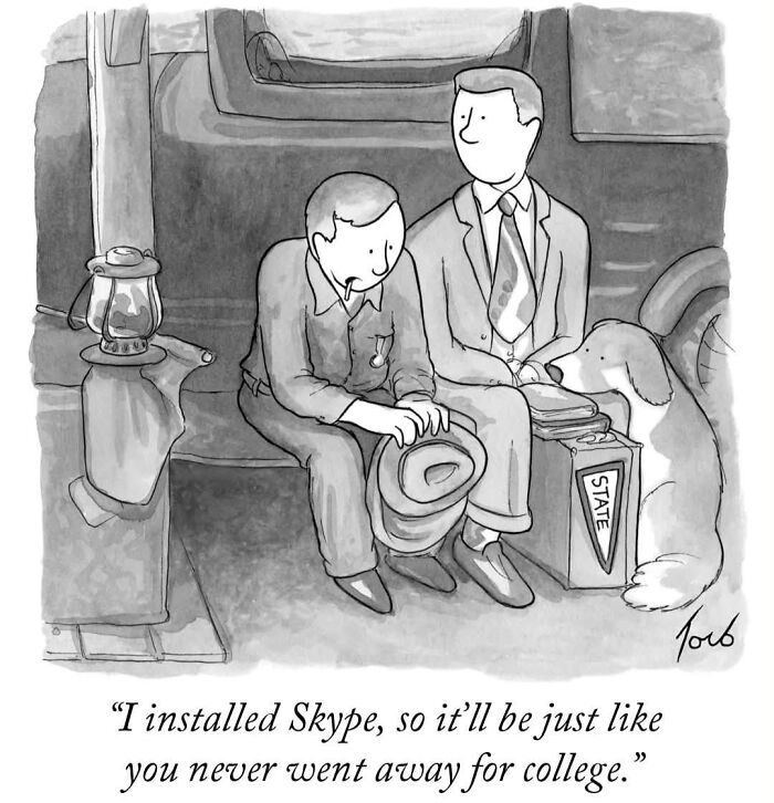 One-panel comic showing a father and son with a dog about college and Skype connection