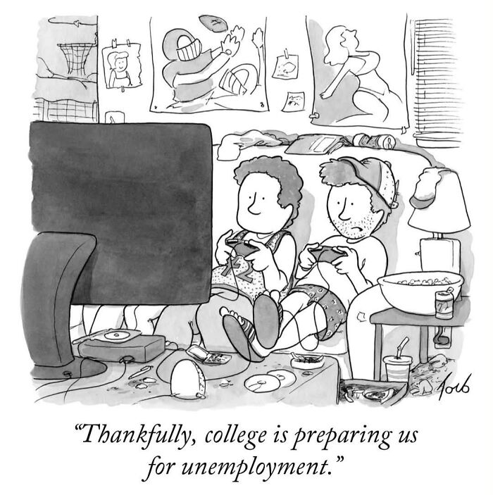 Comic of two men playing video games in a messy room about college and unemployment