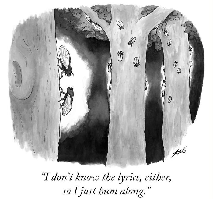 One-panel comic of cicadas on trees humming lyrics they don't know