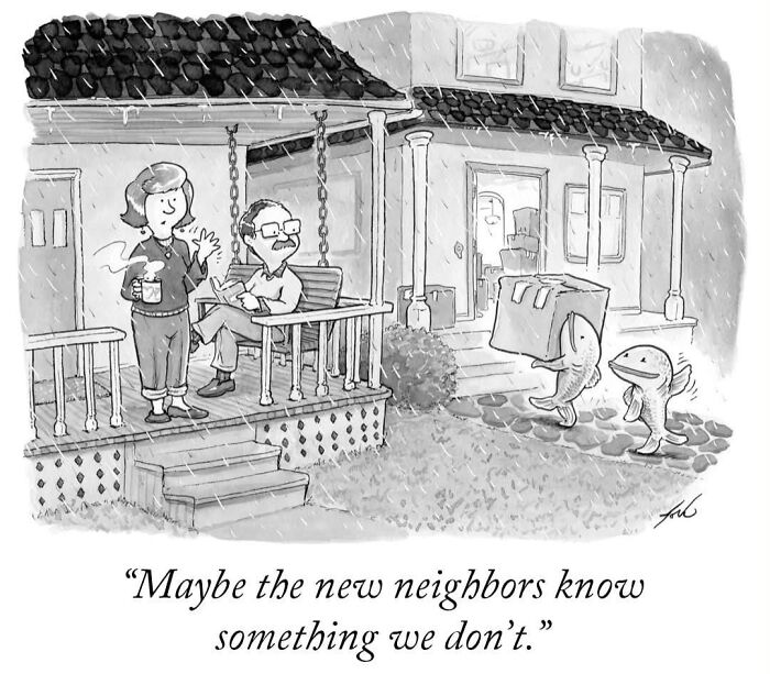Comic of fish moving into a house while a couple watches from the porch in rain, by Tom Toro.