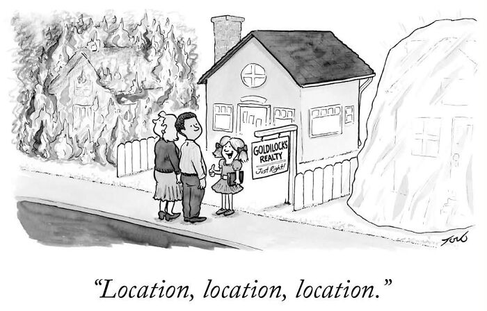 One-panel comic by Tom Toro showing a couple looking at a house with flames behind it and a realty sign.