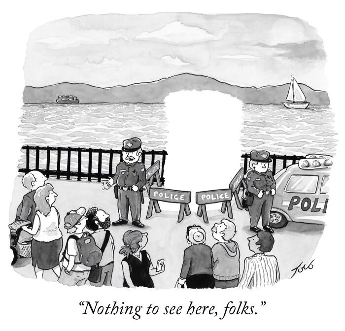 Tom Toro comic depicting police blocking a waterfront with a crowd watching