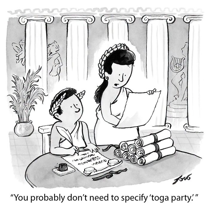 Comic cartoon showing two ancient Romans preparing scrolls for a toga party by Tom Toro