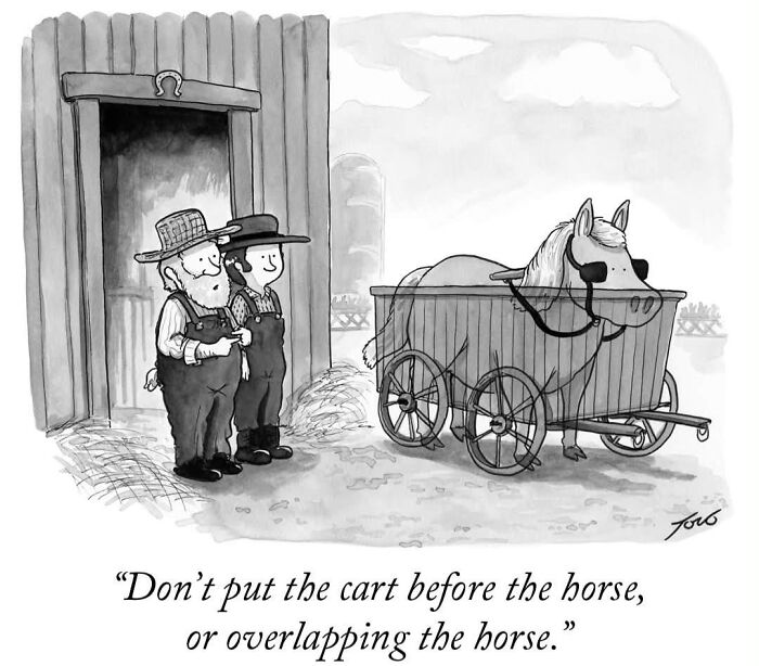 One-panel comic of two farmers and a horse in a cart illustrating a pun by Tom Toro