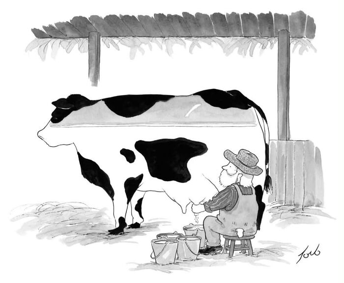 Tom Toro comic of a farmer milking a cow in a barn