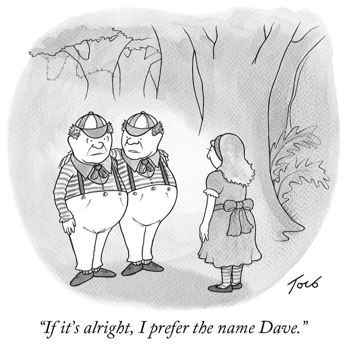 Two characters asking a girl to choose a name in a humorous cartoon by Tom Toro