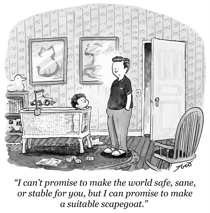 One-panel comic about parenting with a dad promising to make a suitable scapegoat in a nursery