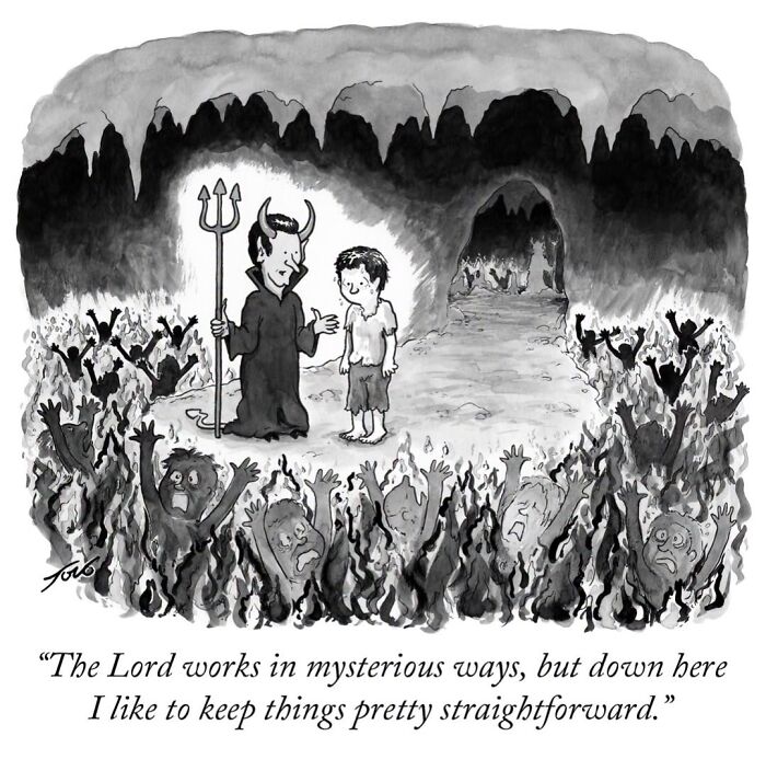 One-panel comic of a devil explaining straightforwardness in hell to a boy surrounded by souls