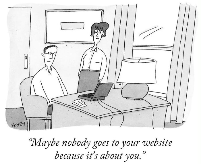 One-panel comic about website traffic humor with a man being told his site is about him