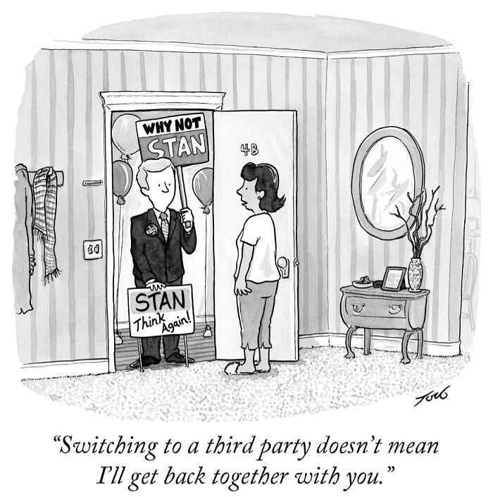 Comic shows man holding political signs at a door about switching parties by Tom Toro