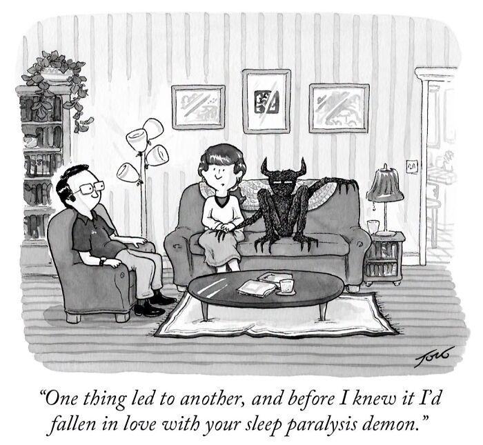 One-panel comic depicting love with a sleep paralysis demon in a living room by Tom Toro