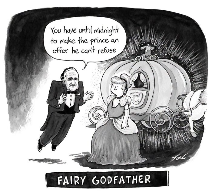 Fairy godfather urging Cinderella to make an offer in a clever cartoon by Tom Toro