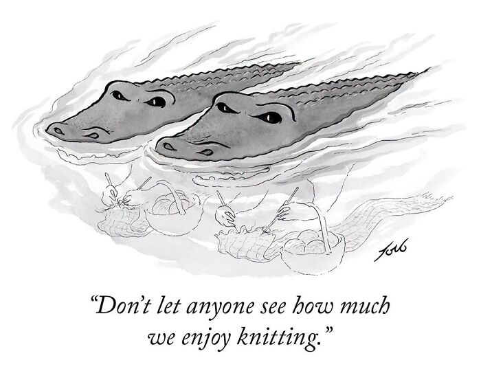 Crocodiles secretly enjoying knitting in a witty one-panel cartoon by Tom Toro