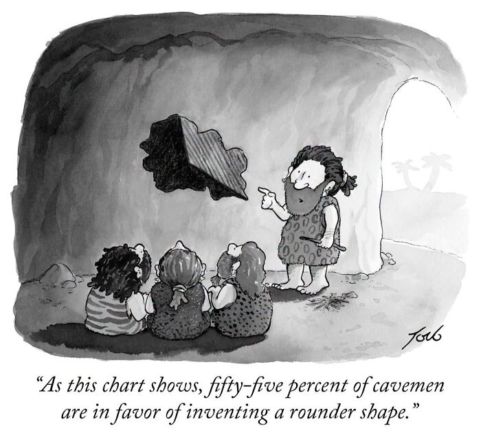 Cavemen discussing chart favoring invention of a rounder shape in clever cartoon by Tom Toro