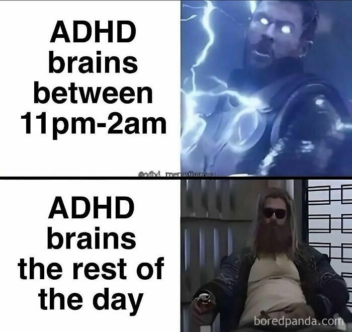 One of many funny ADHD memes featuring Thor as a symbol of late-night energy versus daytime exhaustion.