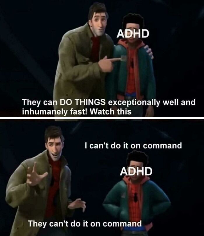 Spider-Man meme highlighting the struggles of doing tasks on command, one of many funny ADHD memes.
