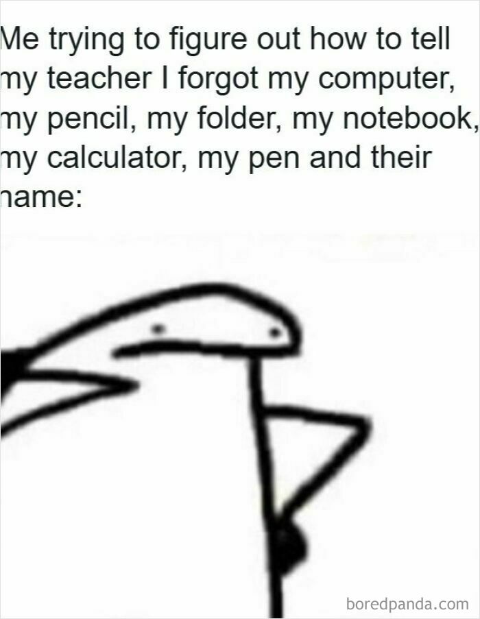 A hand-drawn stick figure illustration representing funny ADHD memes about forgetting school supplies and names.