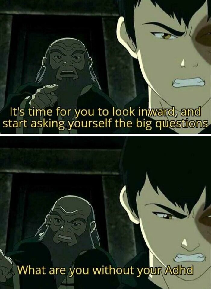 An Avatar cartoon panel showing Uncle Iroh asking Zuko a question, capturing funny ADHD memes about identity.