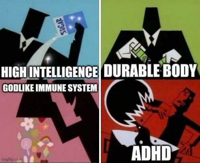 A comic strip about high intelligence and a durable body versus having ADHD