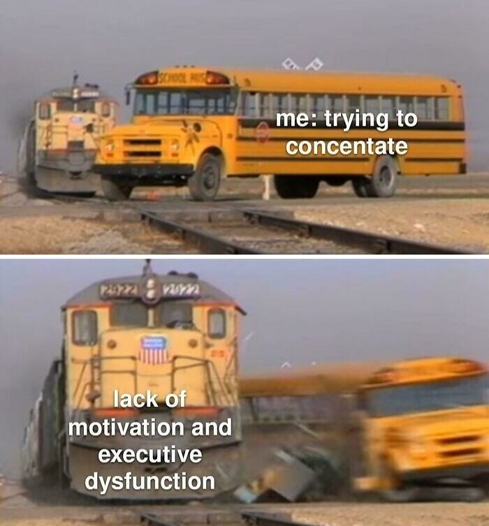 A train hitting a school bus meme depicting concentration struggles, illustrating funny ADHD memes