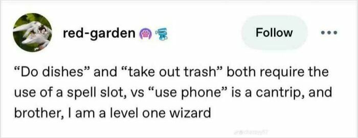 A social media post comparing daily chores to wizard spell slots, relatable to funny ADHD memes.