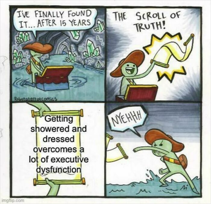 A comic strip scroll of truth about executive dysfunction and daily tasks, representing funny ADHD memes