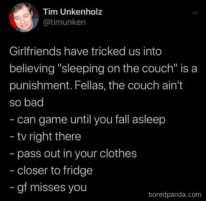 Sarcastic tweet about sleeping on the couch not being punishment with funny advantages listed