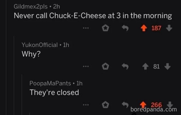 Sarcastic Reddit thread about calling Chuck E Cheese at 3 AM and it being closed