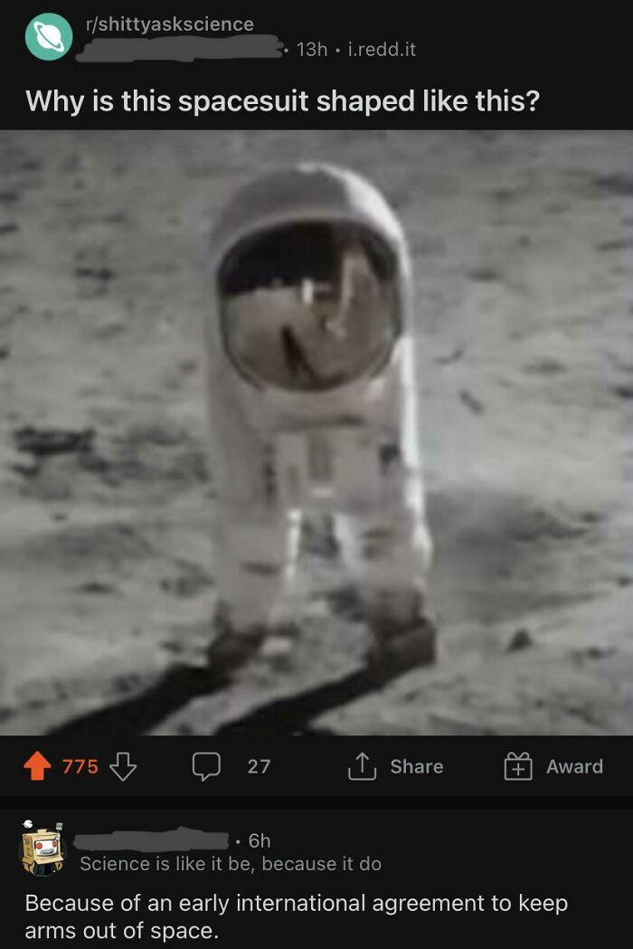 Sarcastic comment on spacesuit shape referencing arms kept out of space international agreement