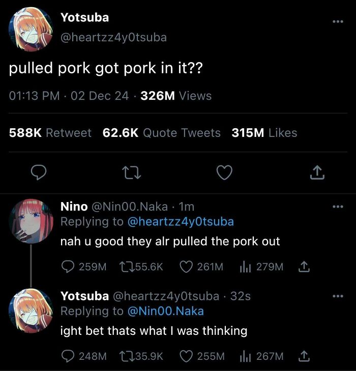 Sarcastic Twitter exchange about pulled pork containing pork