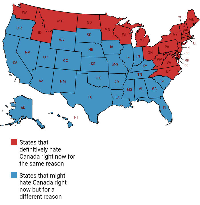 US map showing states that hate Canada for various reasons
