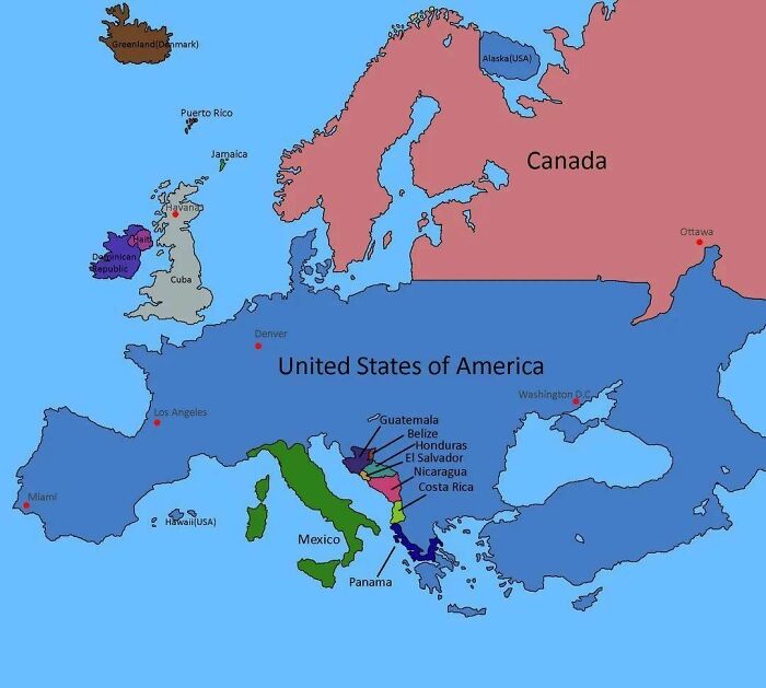 Map of Europe showing USA as large and other countries small or merged