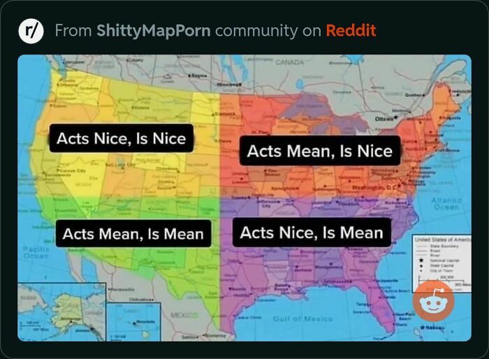 US map showing regional behavior types in a humorous Reddit post