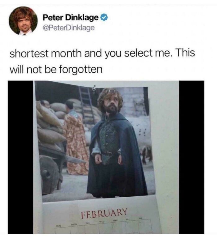 Sarcasm on shortest month and calendar featuring a character from a TV show