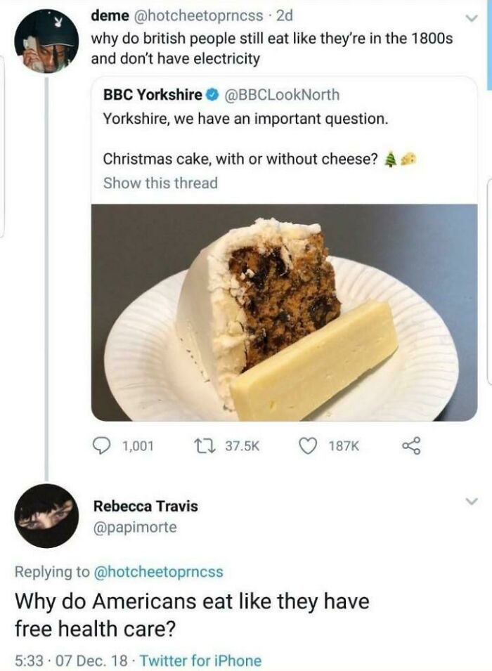 Sarcastic Twitter exchange on British Christmas cake and American healthcare eating habits