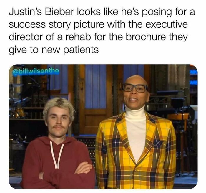 Meme about Justin Bieber posing like in a rehab brochure success story