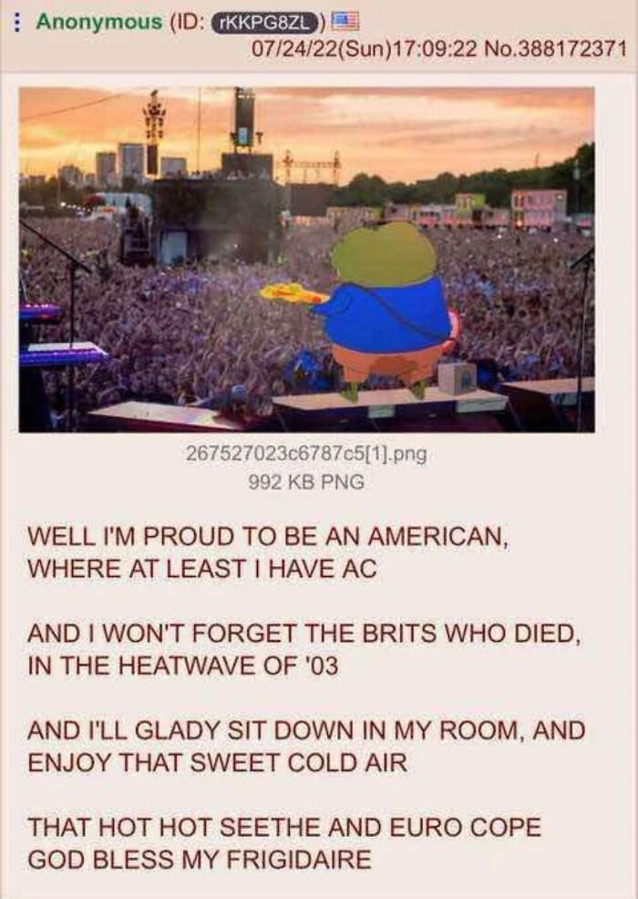 Illustration of Pepe the Frog at concert with text about American pride and air conditioning
