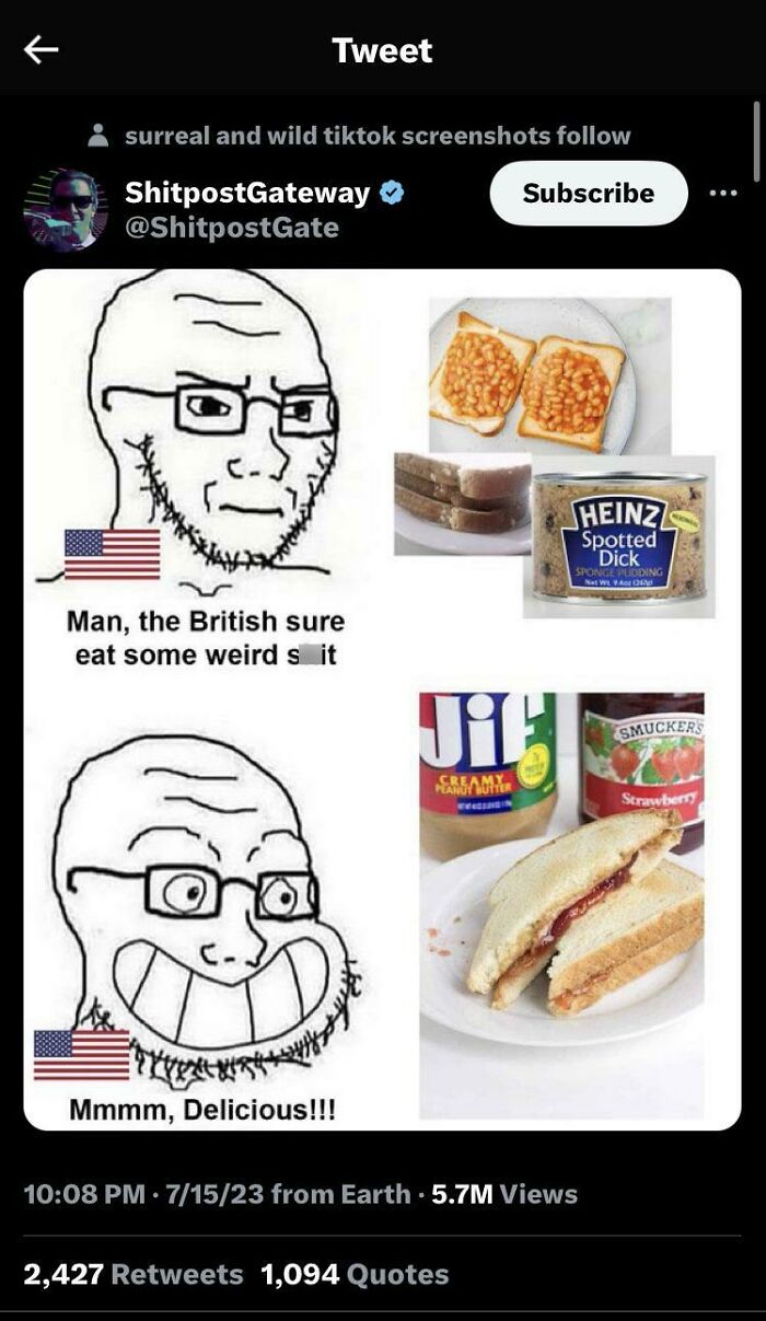 Meme comparing weird British food to American peanut butter and jelly sandwich