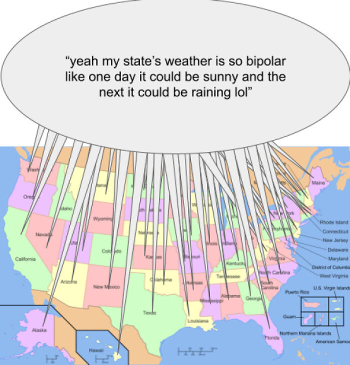 Map of USA with quote about states' weather being bipolar and changeable