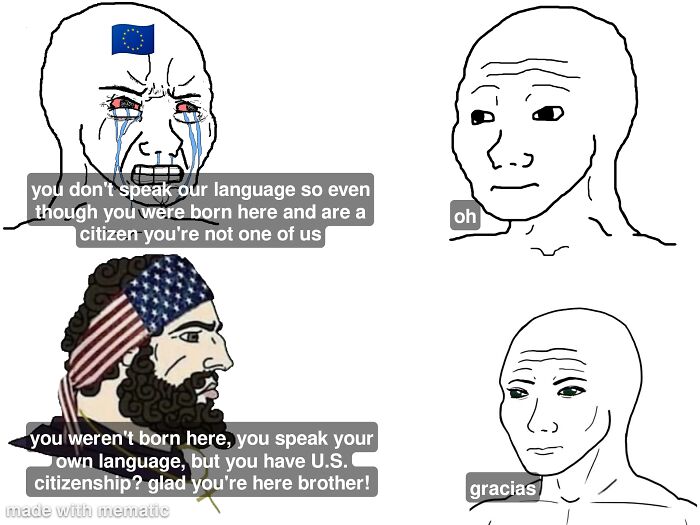 Meme contrasting European and American views on citizenship and language in USA