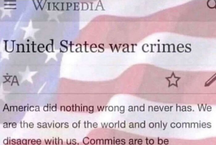 Screenshot of Wikipedia page on United States war crimes with patriotic flag background