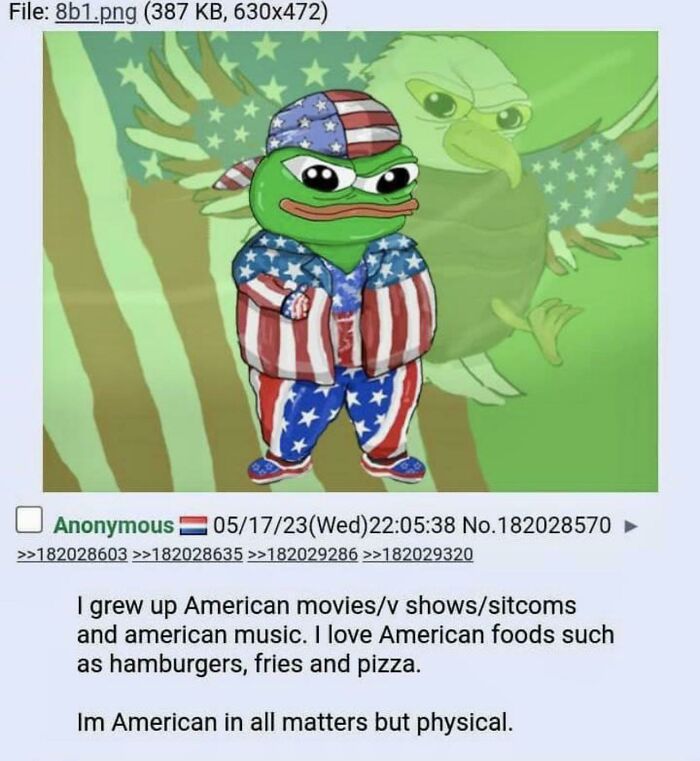 Pepe frog dressed in American flag outfit expressing love for American culture and food